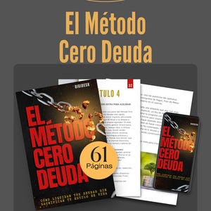 Puede incluir: Una portada de ebook titulada "El Método Cero Deuda" con un diseño rojo y negro. La imagen incluye un libro físico, un teléfono y páginas abiertas, todos mostrando el título. El ebook tiene 61 páginas.