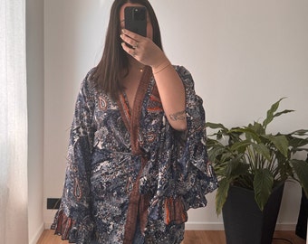 Kimono en soie et viscose - Chemise en soie - Fabriqué en Inde - Kimono court femme - kimono bleu jeans - Kimono avec lien à la taille