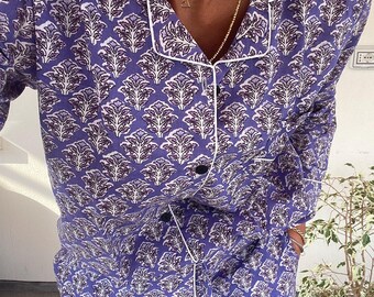 Pure Organic Cotton Pajamas - Made in India Pajama Set - Colorful Patterned Nightwear Set - Women&#39;s Long Pajamas