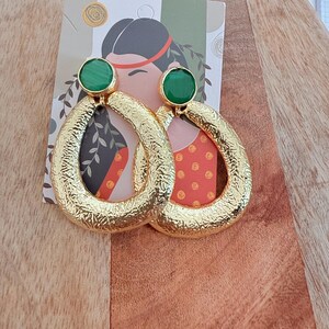 Green Stone Drop Earrings for Women, Gold Plated Bronze Earrings, Elegant Earrings, Women Accessories, Gift for Her,