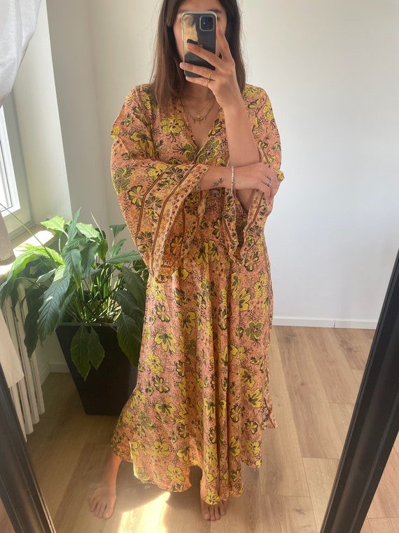 boho chic homecoming dress Long Silk - Dress Made in India - Elegant Dress With Yellow Flowers - Formal Dress - Evening Dress high school homecoming dresses