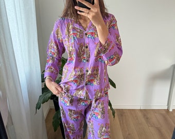 Pure organic cotton pajamas - Pajama Set made in India - Colorful patterned sleepwear set - Women&#39;s long pajamas