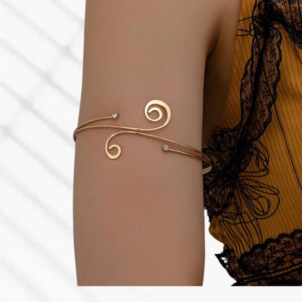 Gold Upper Arm Cuff Adjustable Ethnic Spirals Armlet Bracelet: Eternity Bohemian Upper Arm Goddess Band Bangle Jewelry Gift