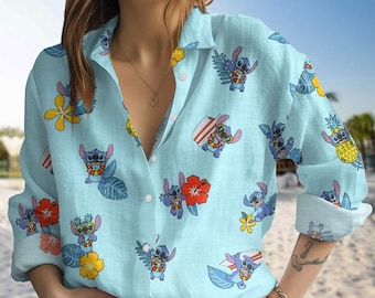 Tropical Stitch Blouse Shirt, Disney Stitch Casual Shirt, Lilo Stitch Aloha Button Down Shirt, Magic Kingdom Shirt, Summer Trip Gift Fan