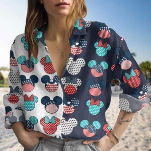 Disney Mickey Minnie 4. Juli Bluse Shirt, Cartoon Bunt USA Langarm Shirt, American Girly Lässiges Shirt, Geschenk zum Unabhängigkeitstag Geschenk
