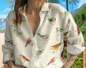 Humming Bird Print Blouse Shirt, Watercolor Bird T-Shirt, Cottagecore Birds and Flowers Casual Shirt, Bird Tropical Graphic Blouse Top