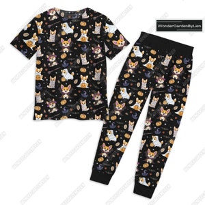 Conjunto de pijamas de Halloween Corgi, pantalón de camiseta de terror para perros Corgi, pijama de dama de honor de animales amantes de los perros, conjunto de pijamas de animales de granja