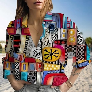 Abstract Art Colorful Shirt for Women, Modern Geometric Print Button Down Blouse, Artistic Patchwork Pattern Top, Unique Art Lover Gift