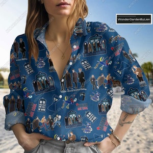 Camicia a maniche lunghe di Doctor Who, camicia casual della serie TV Doctor Who, camicette da donna di Doctor Who, camicia a maniche lunghe da donna del film Doctor Who