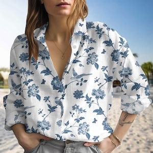 Botanical Floral Linen-Look Shirt, Nature Love Blouse Tops Women, Gardening Casual Shirt, Retro Button Shirt For Summer, Gift For Her