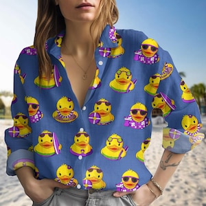 Grappige eend blouseshirt, cartoon badeendjes casual shirt, eend tropisch shirt met lange mouwen, shirt Aloha Beach Button, cadeaus voor geboorte
