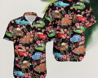 Camiseta hawaiana de Lightning McQueen, camiseta tropical de la película Cars, camiseta con botones de coches de Disney Pixar, regalo de verano para la familia de Disney
