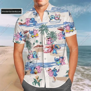 Camisa de verano con botones de Stitch, pantalones cortos de Stitch y Ángel para hombre, camisa hawaiana de dibujos animados de Disney, camisa tropical para hombre y mujer, regalo del Reino Mágico