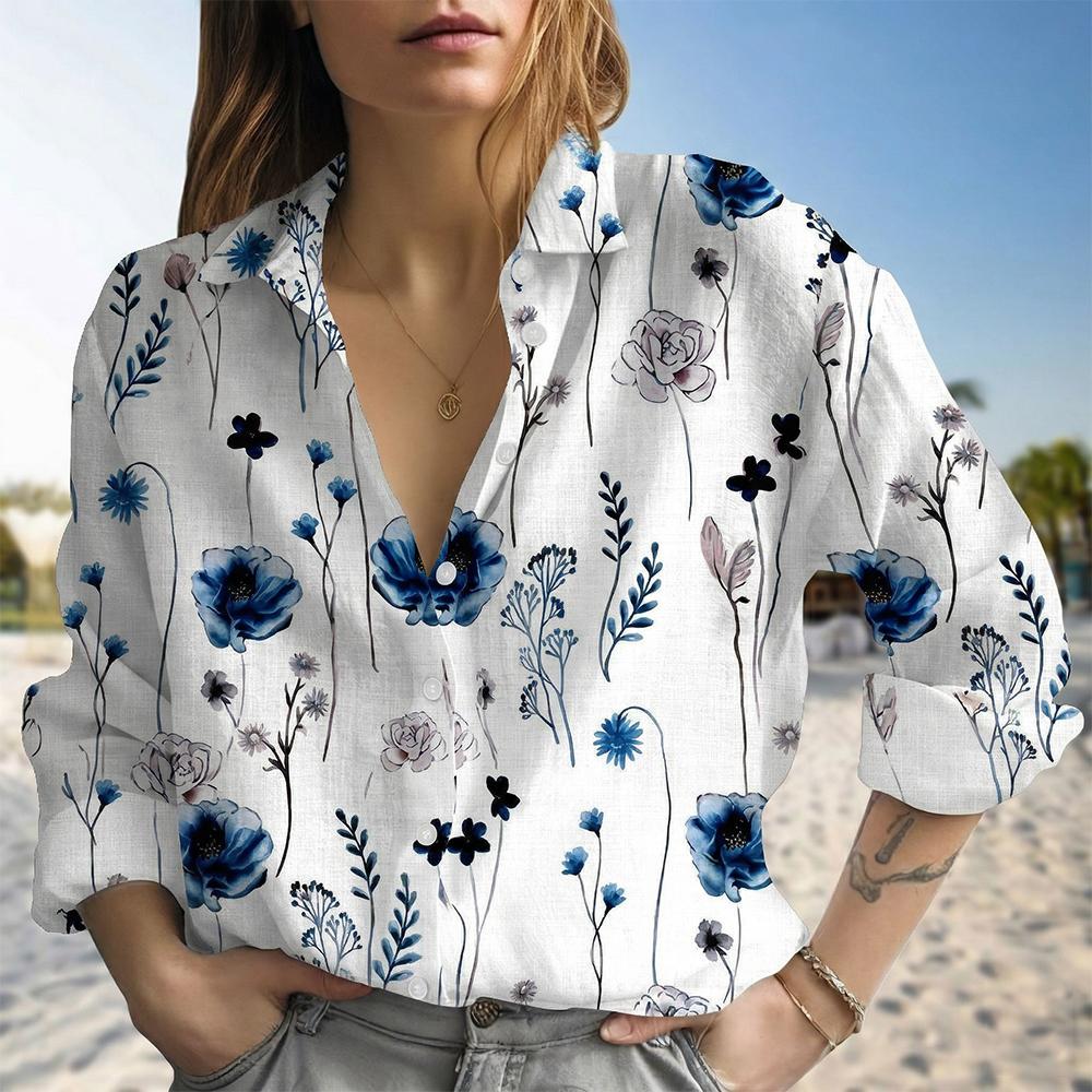 Blue Floral Linen Blouse Shirt, Boho Wildflower Button Down Shirt ...