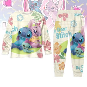 Stitch and Angel Couple Pajamas Set, Disney Stitch Couple T-Shirt Pants Set, Stitch Heart Long Sleeve Pajamas Set, Pink Stitch Sleepwea
