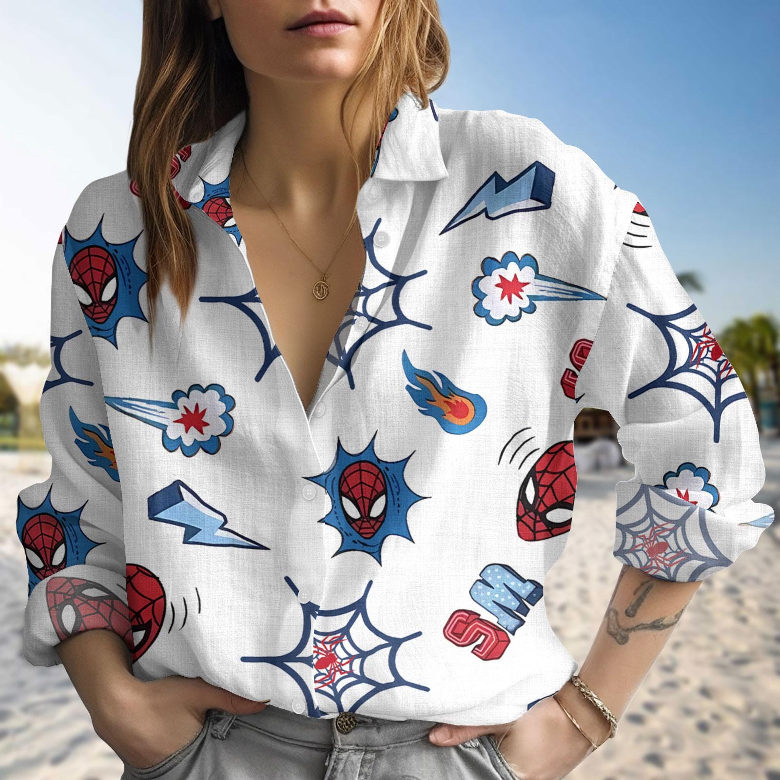 Spider Man Casual Shirt, Marvel Avengers Blouse Shirt Women, MCU Fan Women Blouses, Disney Spiderman Cartoon Long Sleeve Shirt