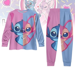 Stitch and Angel Sleeping Pajamas, Disney Cartoon Pajamas Pants, Stitch Heart Long Sleeve Pajamas Set, Gift For Sleep Lover