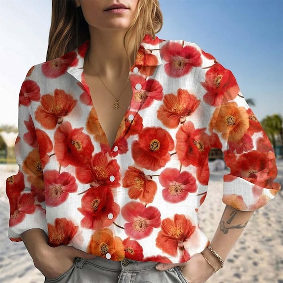 Red Poppy Flower Blouse Shirt, Botanical Shirt for Women, Gift for