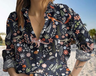 Vintage Dinosaur Floral Blouse Shirt, Animal Tropical T-Shirt, Unisex Casual Summer Outfit, Beach Resort Wear For Women, Cottagecore Gi