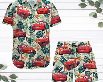 Lightning Mc Queen Button Shirt, Retro Cars Movie Tropical Short, Disney Cars Land Hawaiian Shirt, Pixar McQueen Summer Shirt For Men