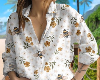 Bee Flowers Print Blouse Shirt, Floral Bee Summer Shirt For Women, Bee Wildflower Graphic Casual Shirt, Tropical Summer Vacation Outfit