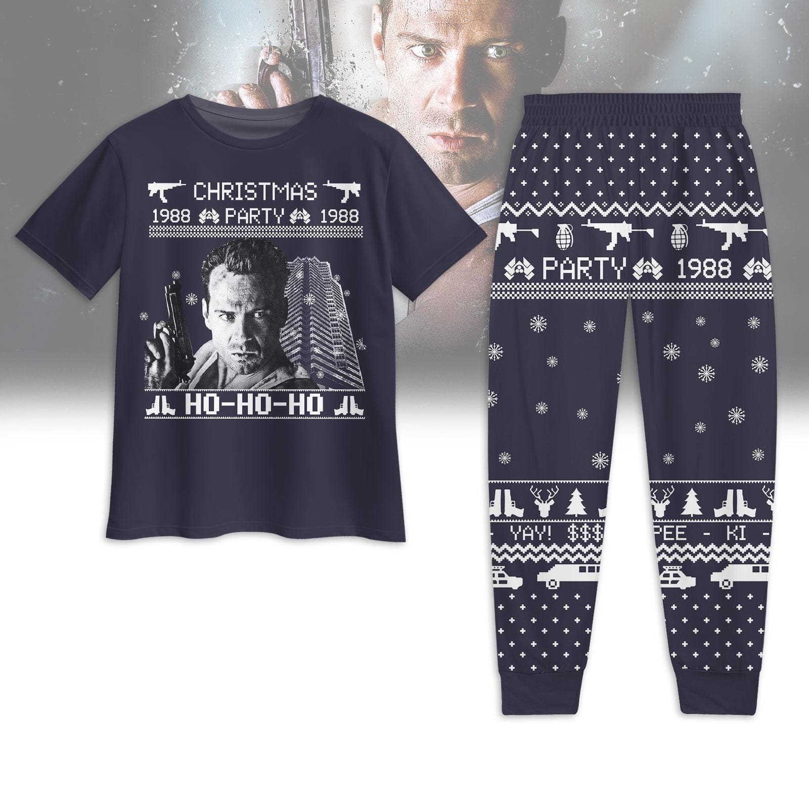 Discover Die Hard Christmas Pajamas, Nakatomi Plaza Party Tshirt Pants Set, Christmas Party 1988 Holiday Pajamas, Funny Movie Xmas Pajamas Set