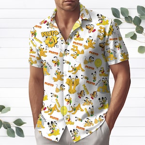 Camisa con botones de perro Pluto, pantalones cortos de verano de Pluto de Disney, camisa de playa con mangas Pluto para hombres, pantalones Aloha de perro de Disney, regalo para amigos