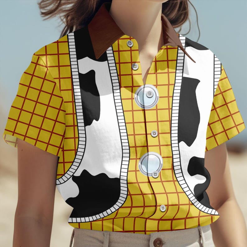 Halloween Woody Costume Shirt, Disney Toy Story Cosplay Button Shirt For Men, Woody Toy Story Short Sleeve Shirt For Women And Men