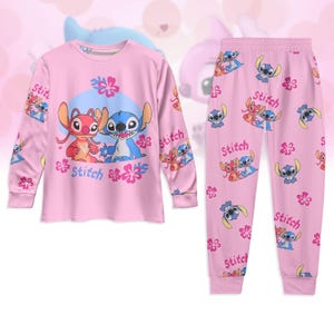 Stitch And Anger Pajamas Set, Stitch Couple T-Shirt Pants Set, Stitch Aloha Family Pajamas, Pink Disney Cartoon Long Sleeve Pajamas