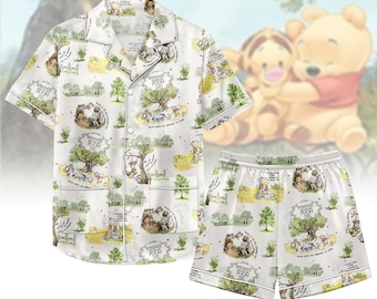 Winnie Pooh Short Satin Pajamas, Disney Cartoon Pajamas Set, Pooh Bear And Friends Silk Pajamas, Mother and Daughter Matching Pajama Se