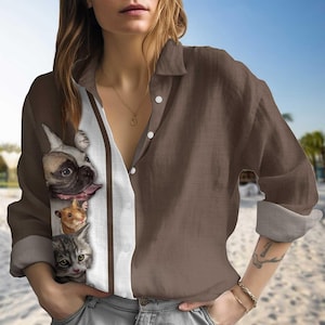 フレンチブルドッグと猫のブラウスシャツ、フレンチスタイルの猫と犬のボタンシャツ、クールな動物の友達のTシャツ、ペット愛好家へのギフト