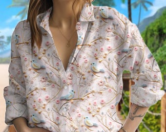 Bird Floral Print Blouse Shirt, Women's Long Sleeve Shirt, Summer Beach Cover Linen Shirt, Gift For Bird Lover, Folk Art Scandi Casual