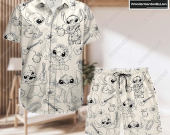 Lilo and Stitch Button Shirt, Disney Cartoon Hawaiian Shirt, Stitch Aloha Summer Short For Men, Tropical Gift For Kids And Adult