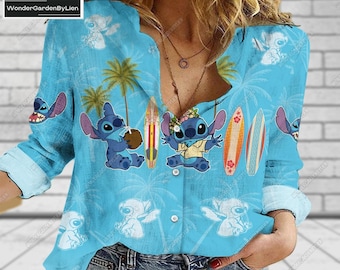 Disney Stitch Blouse Shirt, Stich Cartoon Button Shirt, Stitch And Lilo Long Sleeve Shirt, Summer Shirt For Family, Stitch Tropical Shirt