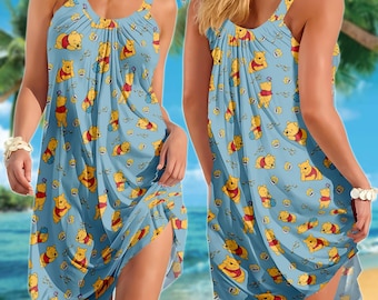 Disney Pooh With Honey Sling Summer Dress, Winnie The Pooh Casual Dress, Disney Cartoon Beach Dress For Her, Pooh Bear Lover Gift