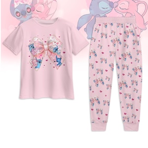 Stitch und Angel Paar Pyjamas, Disney Cartoon Valentine T-Shirt Hosen Set, Disney Lilo und Stitch Loungewear, Bestes Paar Geschenk