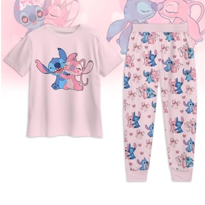 Piżamy dla par Stitch And Angel, T-shirt z nadrukiem Disney Cartoon Valentine, zestaw spodni, odzież wypoczynkowa Disney Lilo And Stitch, najlepszy prezent dla pary