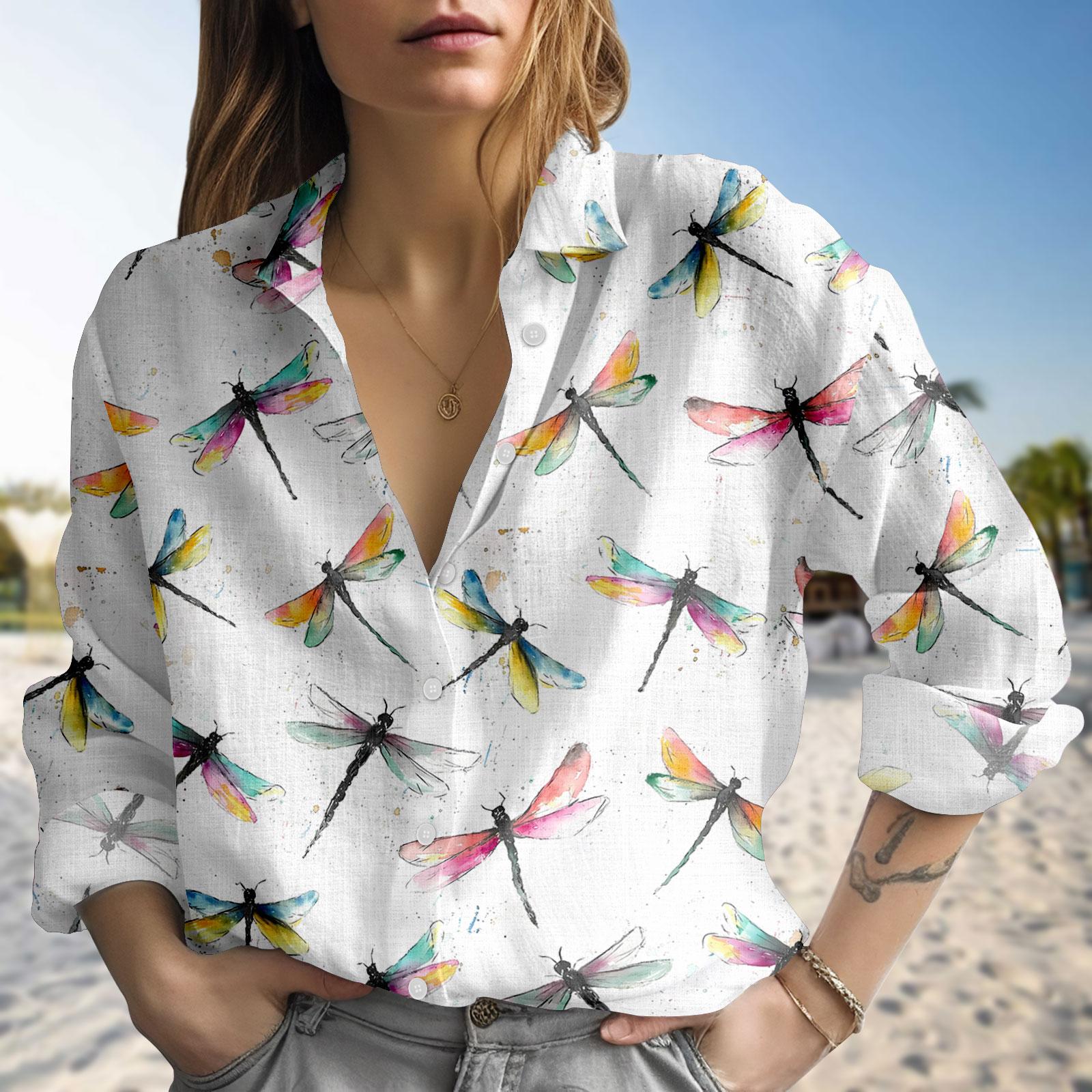 Discover Watercolor Dragonfly Blouse Shirt for Women, Casual Summer Top, Nature-Inspired Print Button Shirt