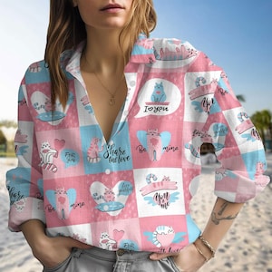 Camisa divertida de gato para San Valentín, camisa con botones de San Valentín maullidos, camisa de manga larga con gato Cupido, camisa casual con gato con corazón de amor, amante de los gatos, sé mío