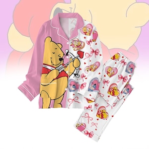 Pijama de San Valentín de Winnie The Pooh, pantalones de pijama de San Valentín con dibujos animados de Disney, ropa de estar en casa para parejas de Pooh y sus amigos, ropa de dormir a juego para toda la familia