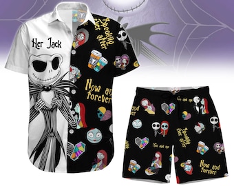 Jack & Sally Halloween Button Shirt, Horror Character Cosplay Shirt And Shorts for Party, Disney Skellington Short Sleeve Shirt