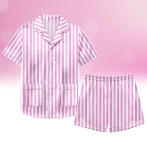 Pink Striped Satin Pajama Set, Short Sleeve Button Sleepwear, Soft Silky Nightwear, Cute Summer Loungewear Gift for Her