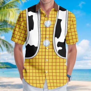 Halloween Woody Costume Shirt, Disney Toy Story Cosplay Button Shirt For Men, Woody Toy Story Short Sleeve Shirt For Women And Men
