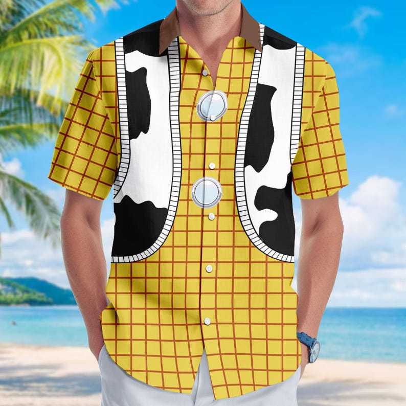 Halloween Woody Costume Shirt, Disney Toy Story Cosplay Button Shirt For Men, Woody Toy Story Short Sleeve Shirt For Women And Men