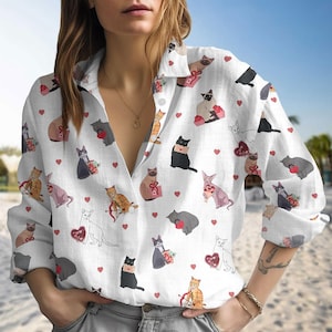 おもしろ猫ブラウスシャツ、かわいい猫ハートTシャツ、黒猫の母の日ギフト、ニャー猫レディースブラウスシャツ、長袖シャツ