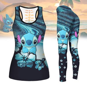 Camiseta sin mangas de Stitch, leggings de dibujos animados de Disney, camiseta sin mangas de entrenamiento de Stitch, leggings de yoga para mujer, conjunto de camiseta sin mangas de gimnasio, leggings de entrenamiento, regalo de San Valentín