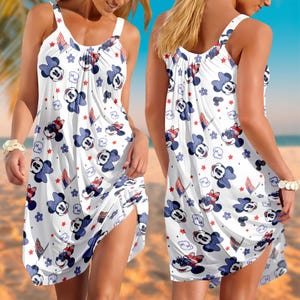 Disney Patriotic Sling Summer Dress, Mickey Minnie 4th Of July Beach Dress, Mickey Patriotic Casual Dress, Disney Cartoon Dress For Women