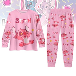 Disney Stitch Long Sleeve Pajamas Set, Pink Stitch T-Shirt Pants Set, Disney Cartoon Sleepwear For Couple, Disneyland Family Pajamas