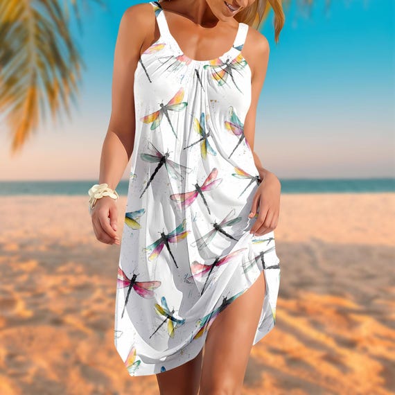 Women's Summer Dragonfly Print Sling Dress, Watercolor Dragonfly Casual  Loose Beach Sundress, Nature Lover Gift, Artsy Gift for Her