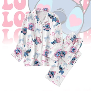 Stitch and Angel Valentine Pajamas Set, Disney Cartoon Couple Pj Set, Lilo and Stitch Pink Loungewear, Disney Honeymoon Gift